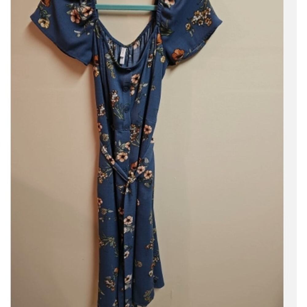 Xhiliration Slate Blue Dress W/Flowers Off Shoulder Cap Sleeve Midi Dress Sz M